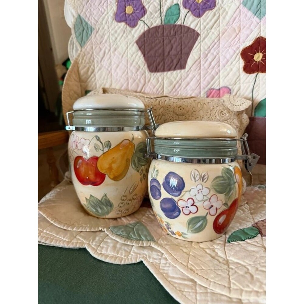 Vintage HOME Ceramic Fruit & Floral Canister Set of 2 – Airtight Clamp Lids